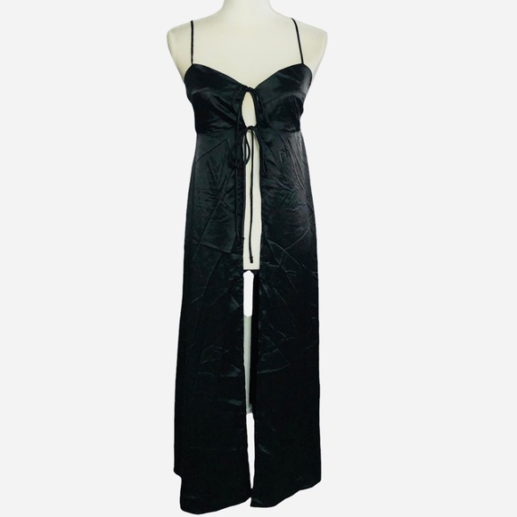 Anthropologie NEW Black Long Satin Cami Open Front Nightgown Size Small